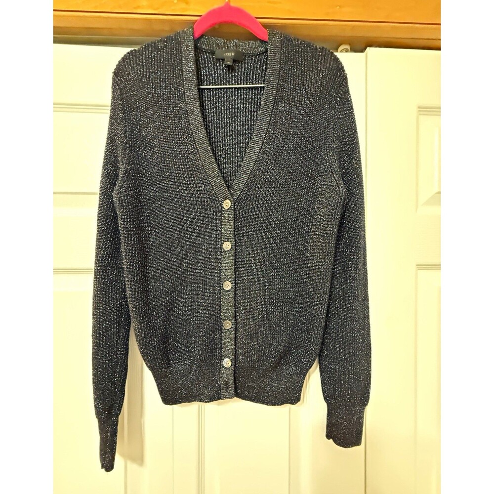 J.CREW Women’s Black/Silver Metallic Knit V-Neck Button Cardigan Sweater Sz M